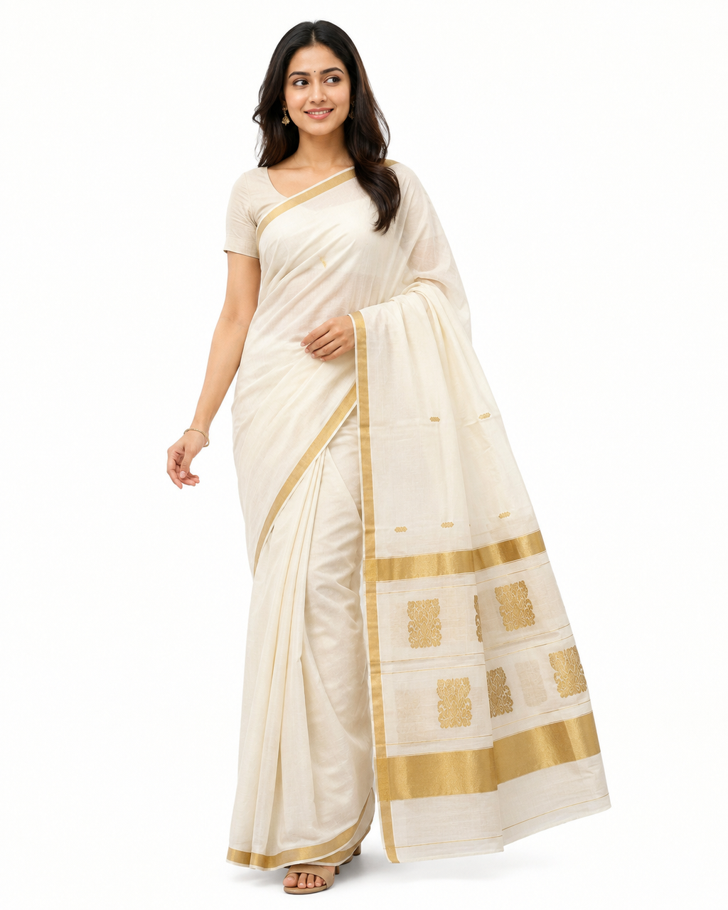 Swarnika Cream Kerala Cotton Saree with Gold Zari Butti & Designer Pallu