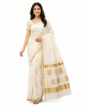 Swarnika Cream Kerala Cotton Saree with Gold Zari Butti & Designer Pallu