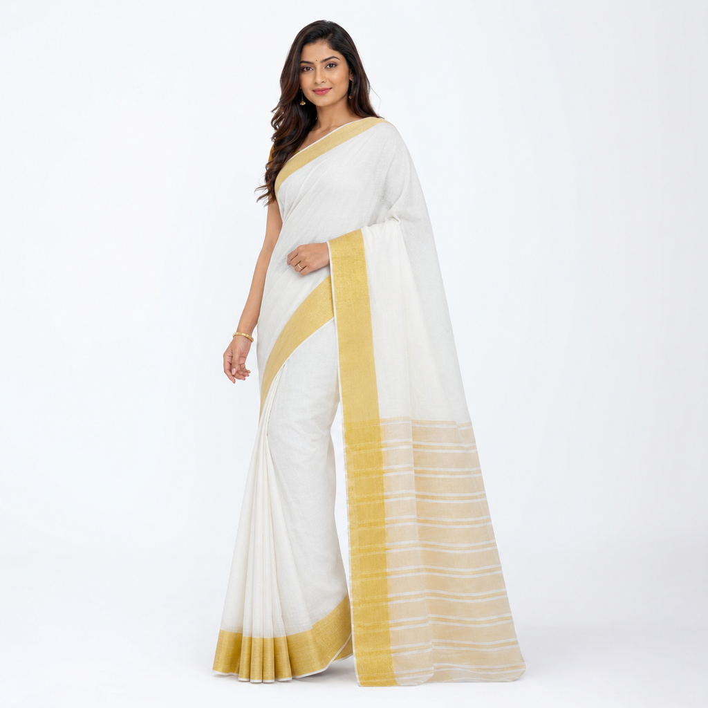 Swarna Off-White Gadwal Cotton Saree with Golden Border & Striped Pallu