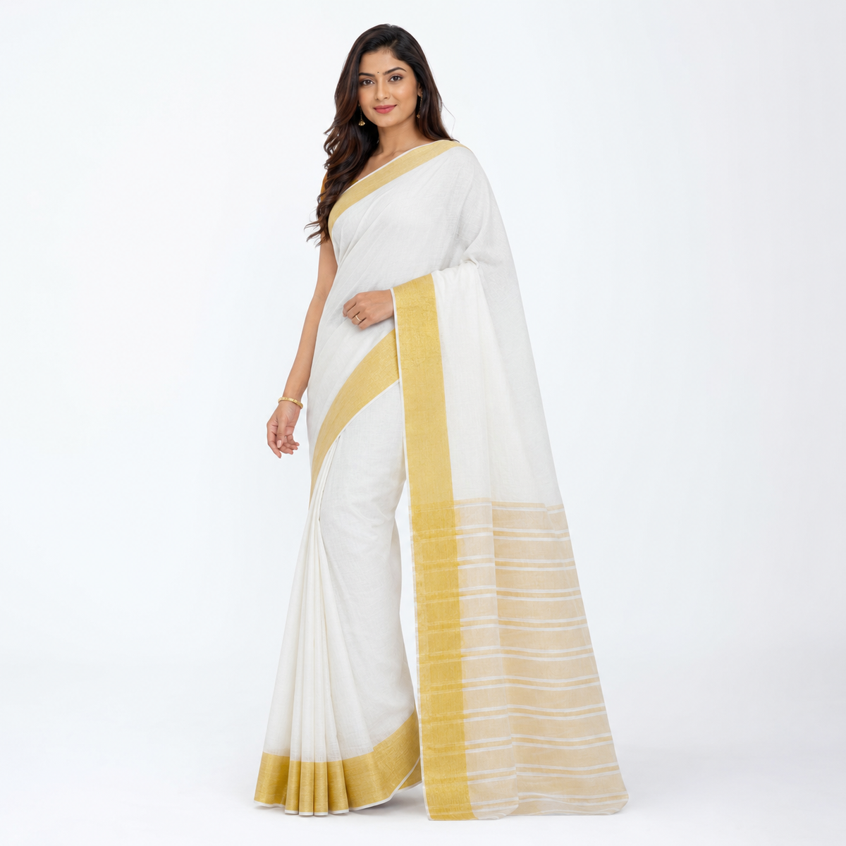Swarna Off-White Gadwal Cotton Saree with Golden Border & Striped Pallu