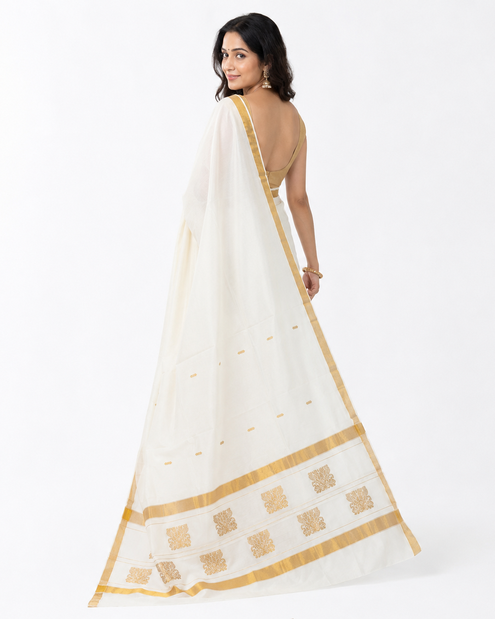 Swarnika Cream Kerala Cotton Saree with Gold Zari Butti & Designer Pallu