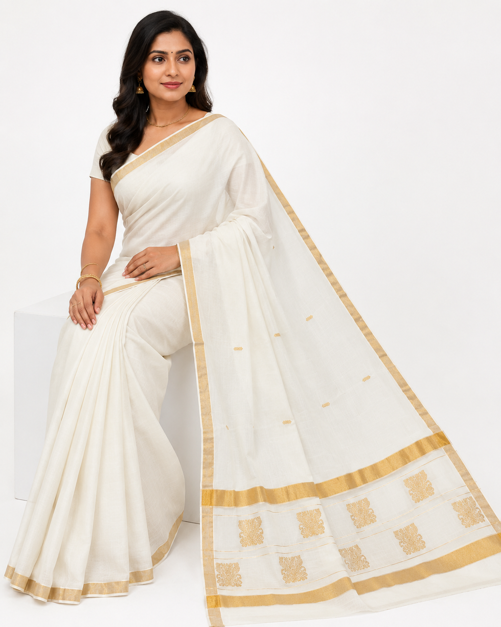 Swarnika Cream Kerala Cotton Saree with Gold Zari Butti & Designer Pallu
