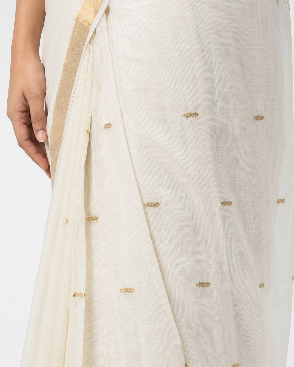 Swarnika Cream Kerala Cotton Saree with Gold Zari Butti & Designer Pallu