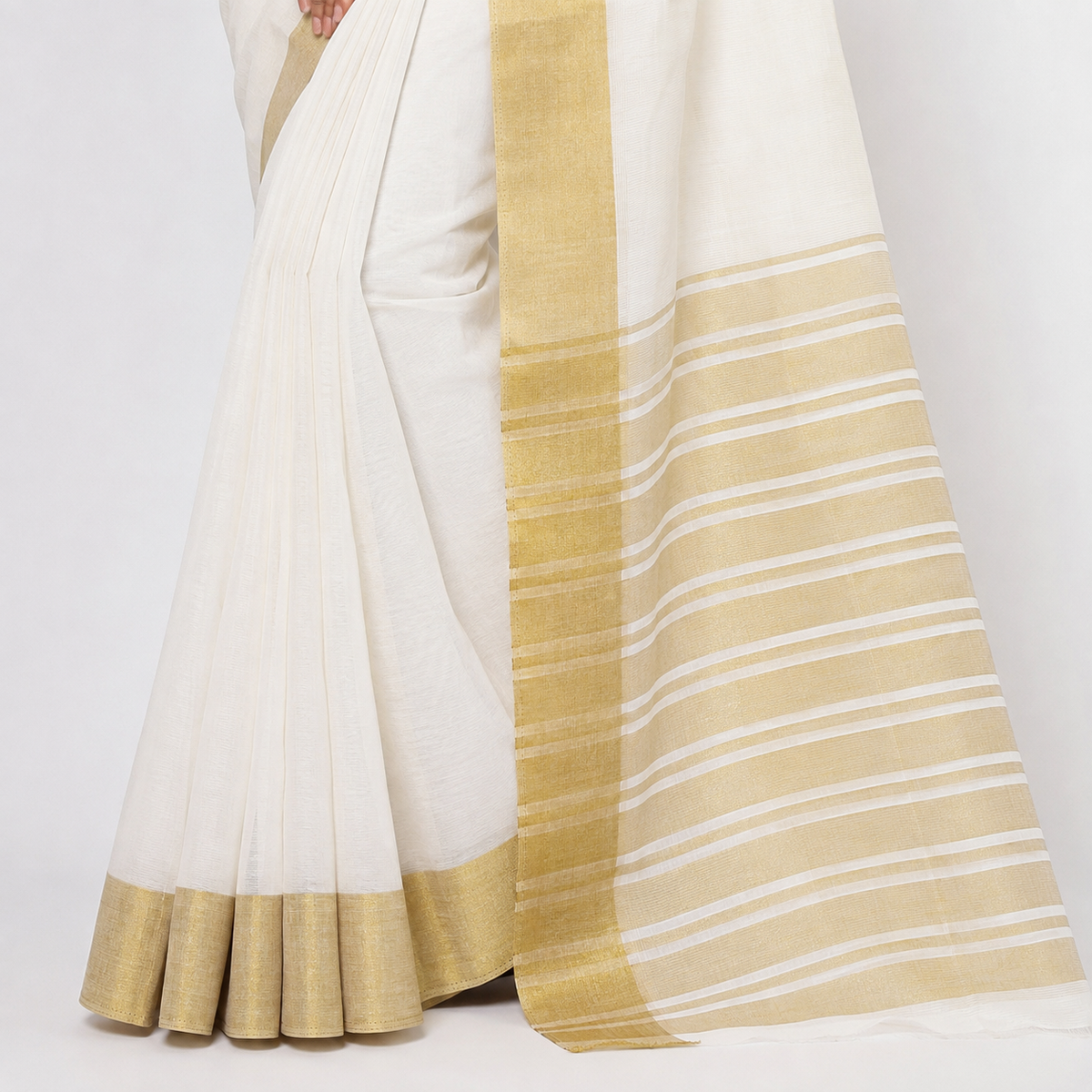 Swarna Off-White Gadwal Cotton Saree with Golden Border & Striped Pallu