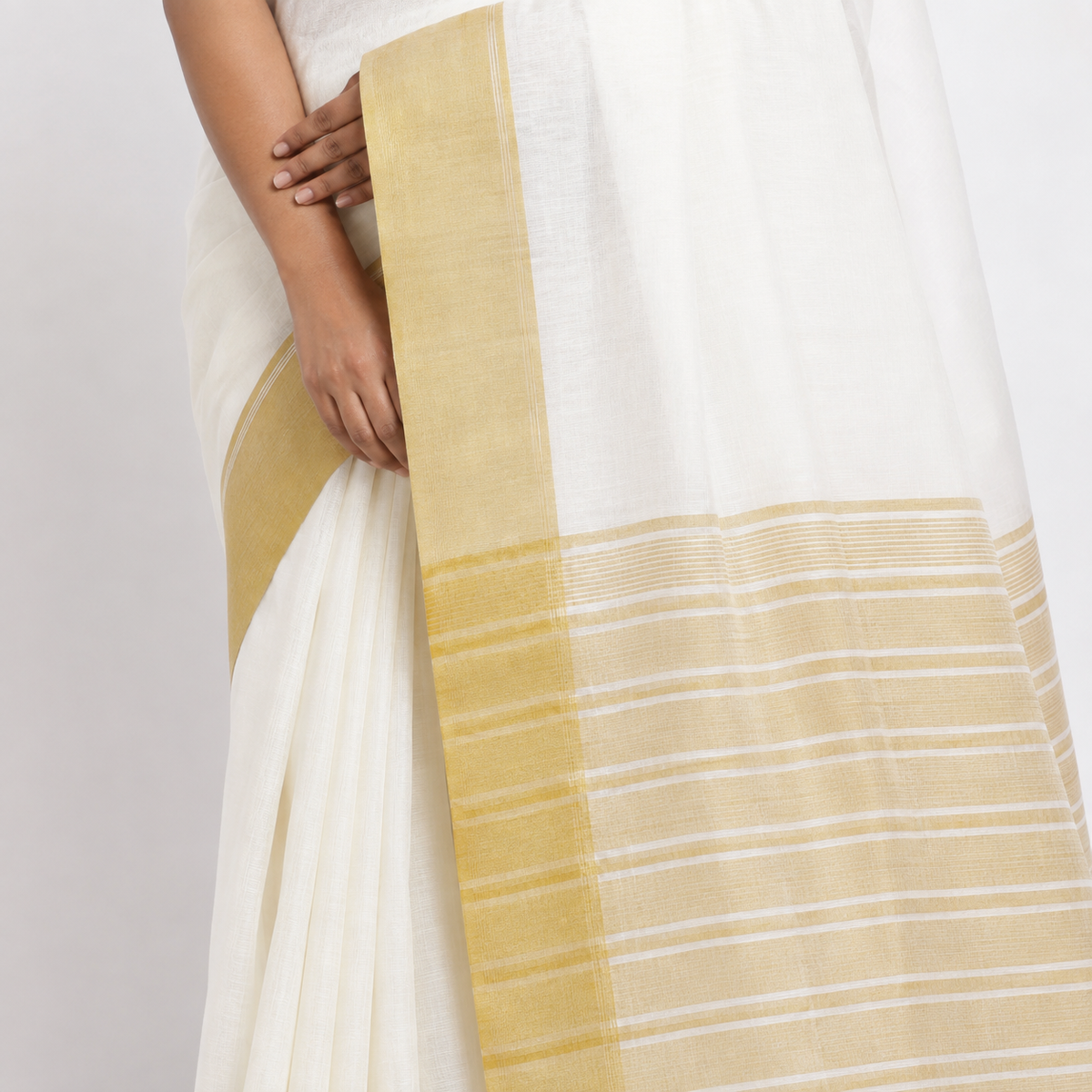 Swarna Off-White Gadwal Cotton Saree with Golden Border & Striped Pallu