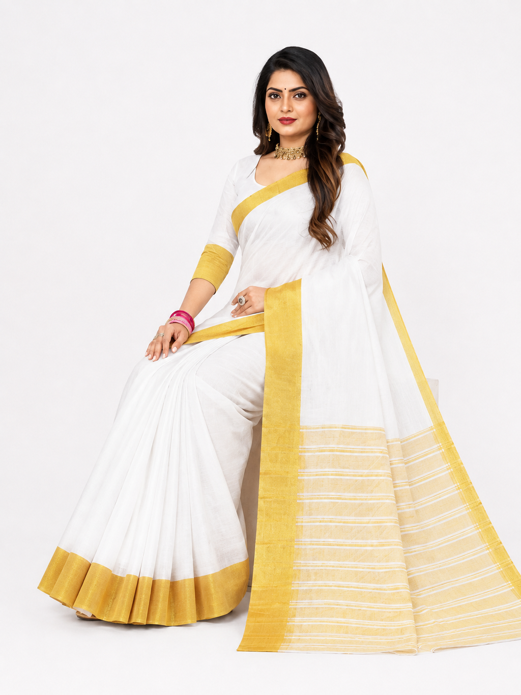 Swarna Off-White Gadwal Cotton Saree with Golden Border & Striped Pallu