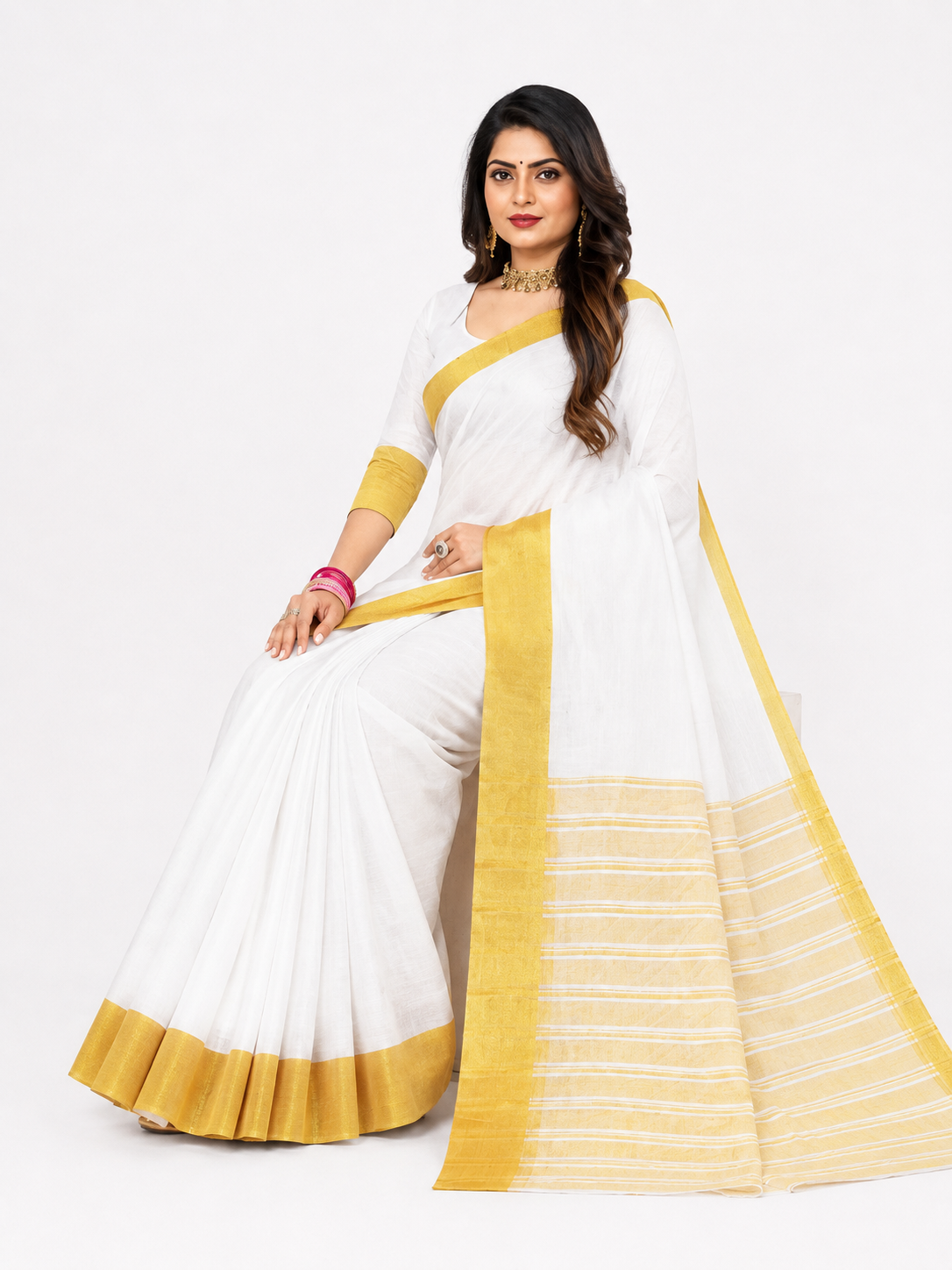 Swarna Off-White Gadwal Cotton Saree with Golden Border & Striped Pallu