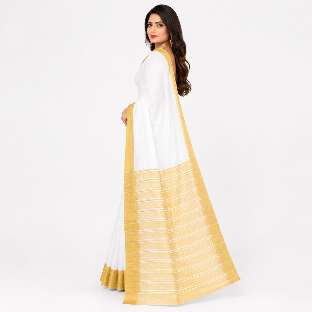Swarna Off-White Gadwal Cotton Saree with Golden Border & Striped Pallu