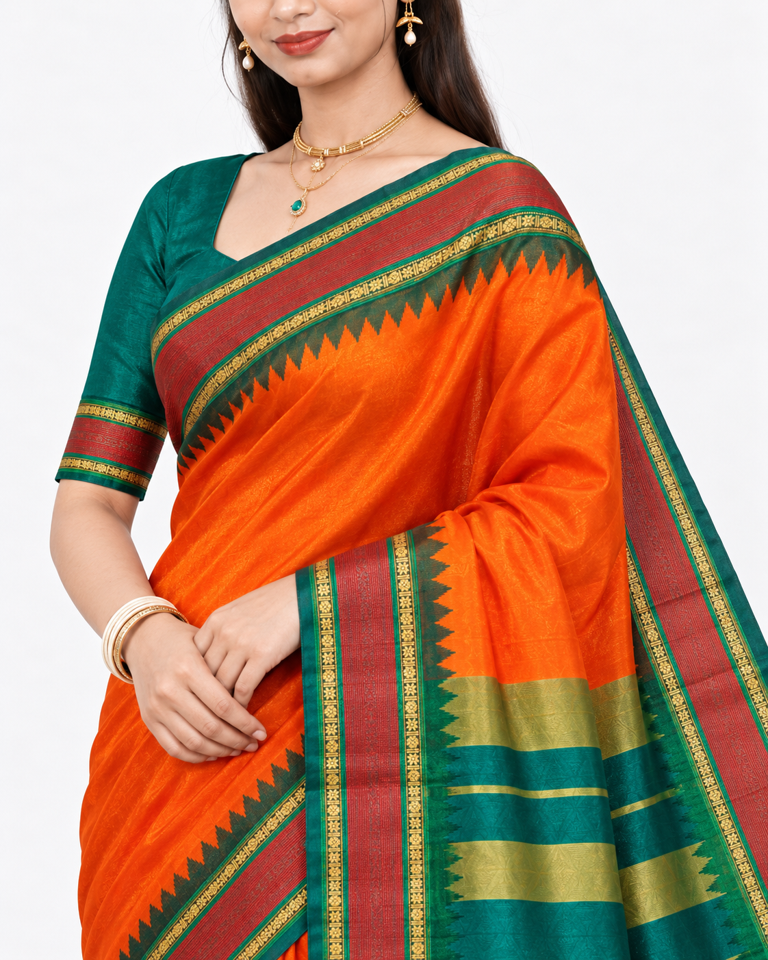Kesarika Orange Saree with Temple Zari Border, Teal Green Pallu & Blouse Piece