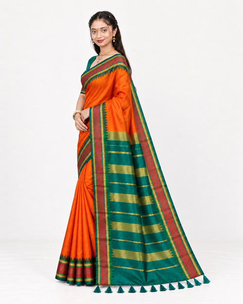 Kesarika Orange Saree with Temple Zari Border, Teal Green Pallu & Blouse Piece