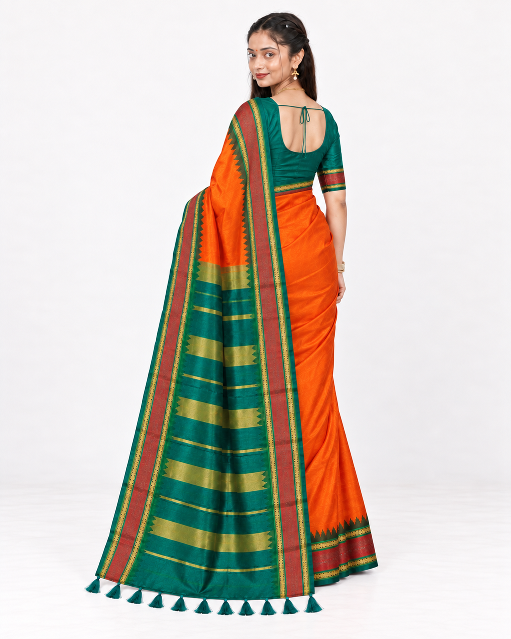 Kesarika Orange Saree with Temple Zari Border, Teal Green Pallu & Blouse Piece