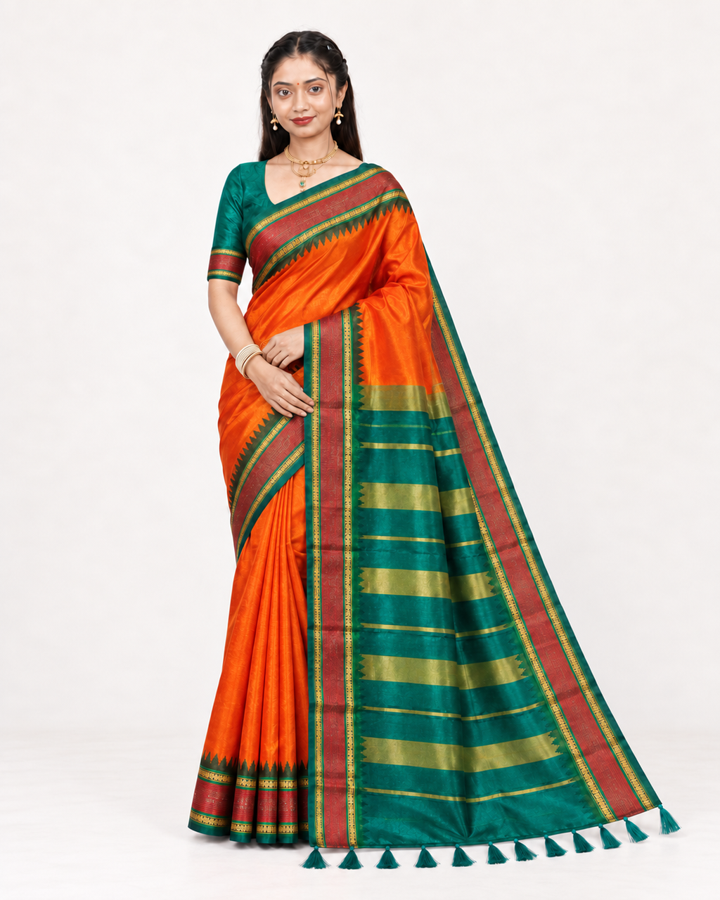Kesarika Orange Saree with Temple Zari Border, Teal Green Pallu & Blouse Piece